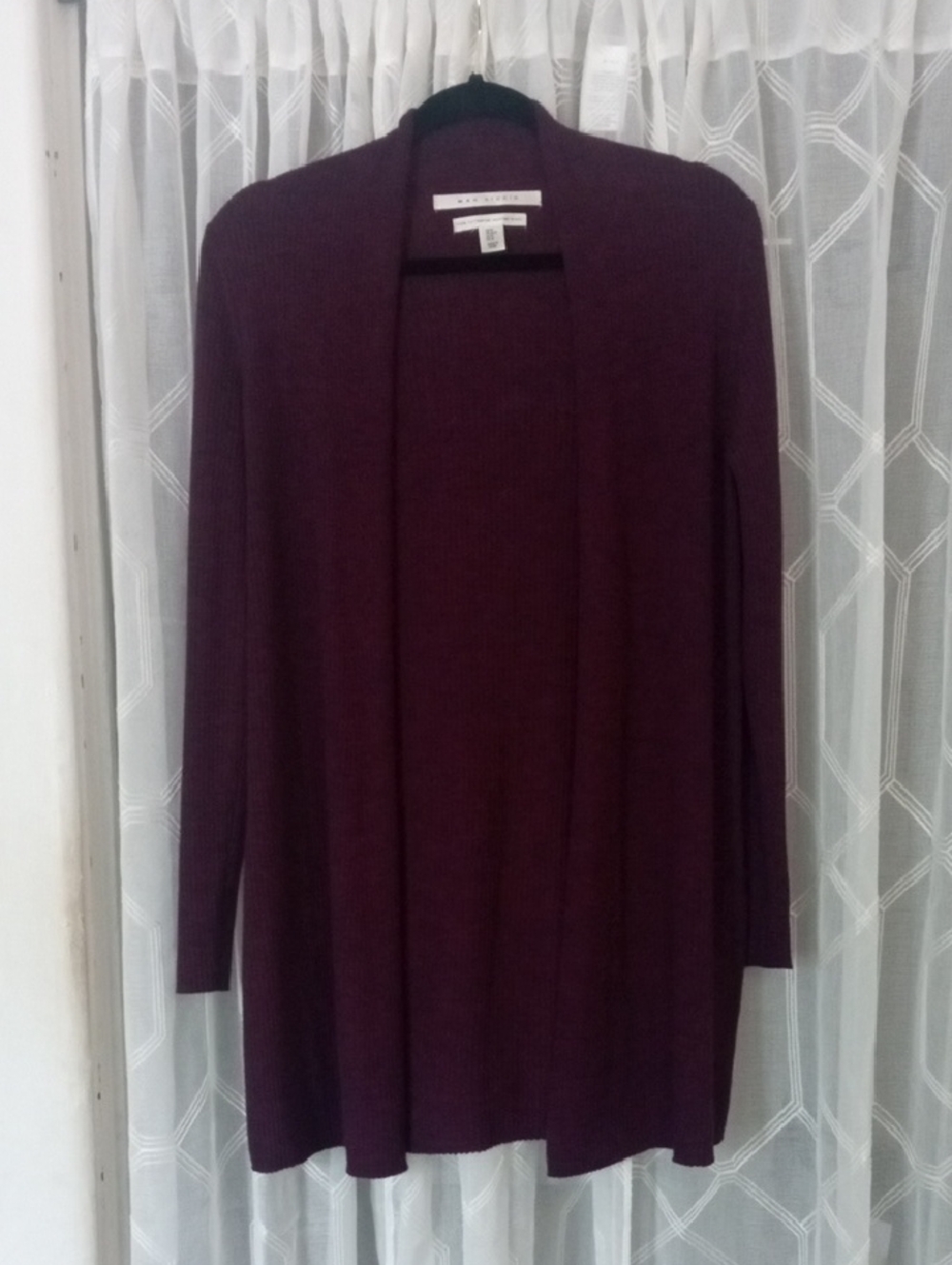 Max Studio Extrafine Merino Wool Plum Open-Front Longline Cardigan Size M